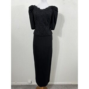 Vintage The Engle Shop Dress Womens Medium Black Lace Puff Sleeve Evening 80s